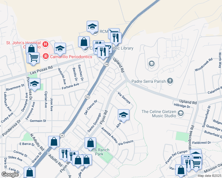 map of restaurants, bars, coffee shops, grocery stores, and more near 4589 Via Aciando in Camarillo
