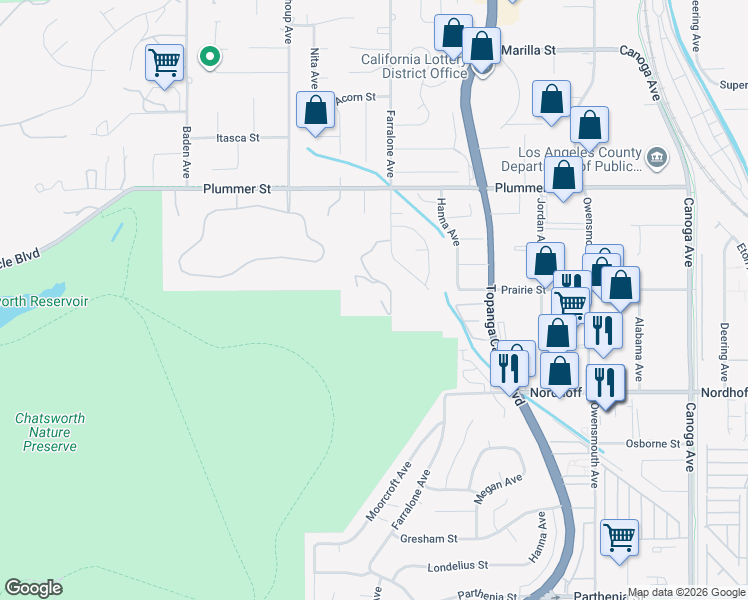map of restaurants, bars, coffee shops, grocery stores, and more near 9361 Farralone Avenue in Los Angeles