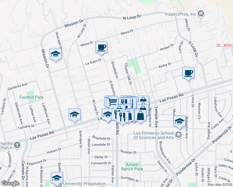 map of restaurants, bars, coffee shops, grocery stores, and more near 2089 Viking Drive in Camarillo