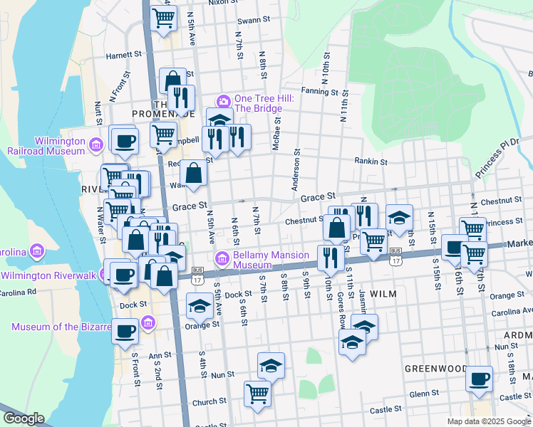map of restaurants, bars, coffee shops, grocery stores, and more near 209 Mcrae Street in Wilmington