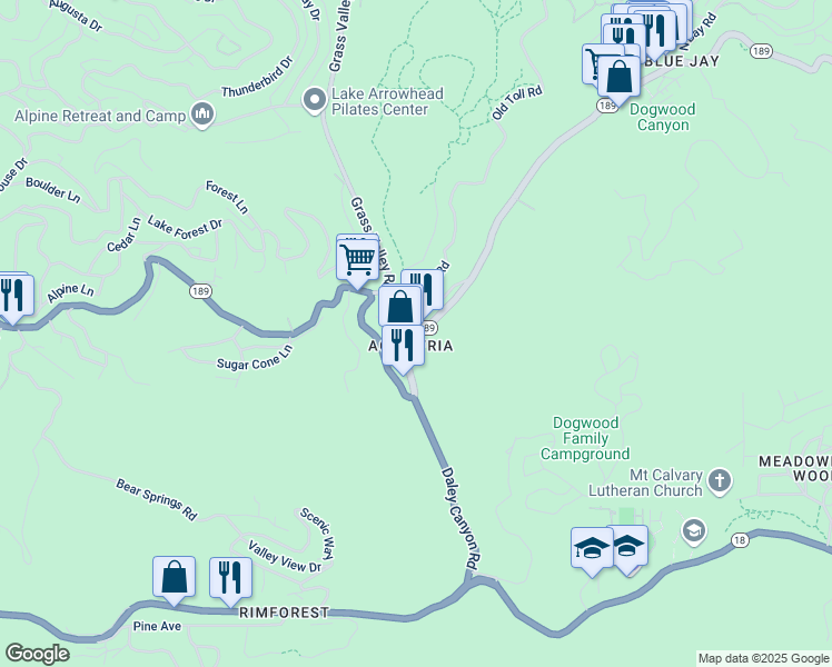map of restaurants, bars, coffee shops, grocery stores, and more near 2 California 189 in Lake Arrowhead
