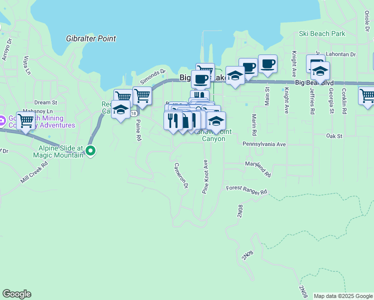 map of restaurants, bars, coffee shops, grocery stores, and more near 725 Cameron Drive in Big Bear Lake
