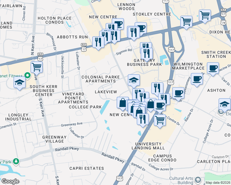 map of restaurants, bars, coffee shops, grocery stores, and more near 208 Dapple Court in Wilmington