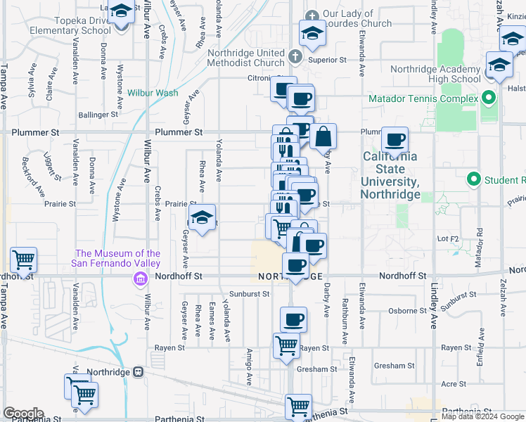 map of restaurants, bars, coffee shops, grocery stores, and more near 18550 Prairie Street in Los Angeles