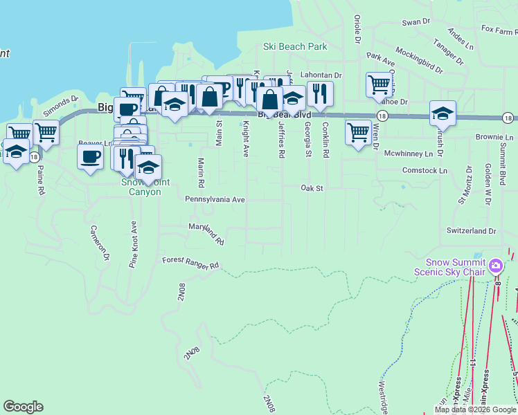 map of restaurants, bars, coffee shops, grocery stores, and more near 41191 Pennsylvania Avenue in Big Bear Lake