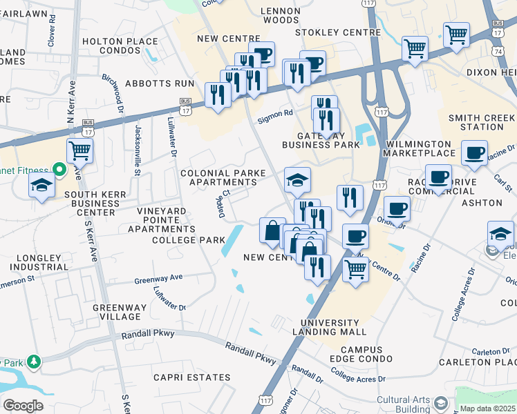 map of restaurants, bars, coffee shops, grocery stores, and more near 219 Dapple Court in Wilmington