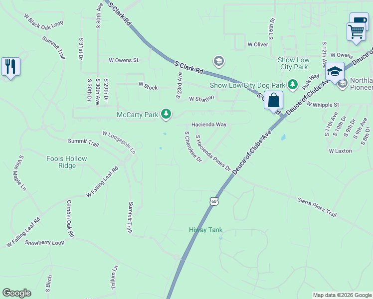 map of restaurants, bars, coffee shops, grocery stores, and more near 2301 W Zuni Ct in Show Low