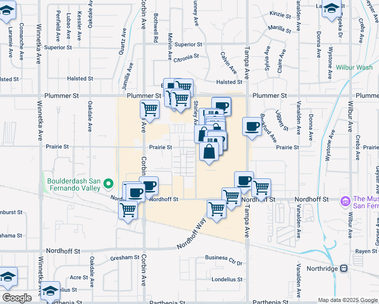 map of restaurants, bars, coffee shops, grocery stores, and more near 19505 Cardigan Drive in Los Angeles