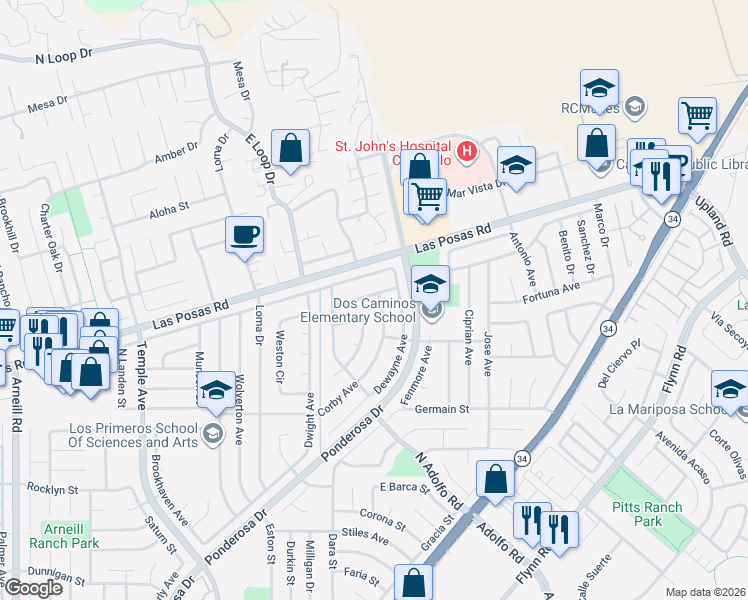 map of restaurants, bars, coffee shops, grocery stores, and more near 3685 Corby Avenue in Camarillo