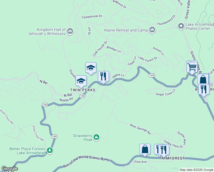 map of restaurants, bars, coffee shops, grocery stores, and more near 26166 California 189 in Twin Peaks
