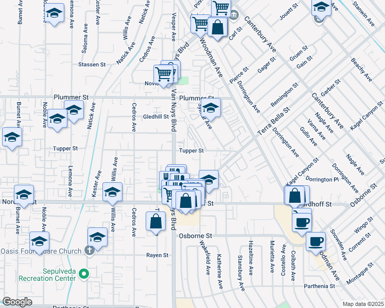 map of restaurants, bars, coffee shops, grocery stores, and more near 14531 Tupper Street in Los Angeles