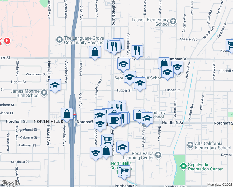 map of restaurants, bars, coffee shops, grocery stores, and more near 9250 Sepulveda Boulevard in Los Angeles