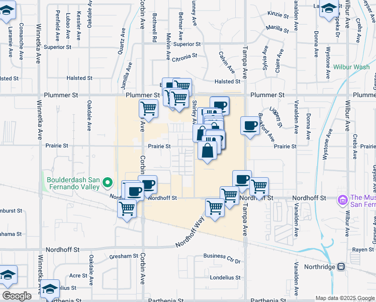 map of restaurants, bars, coffee shops, grocery stores, and more near 19511 Prairie Street in Los Angeles