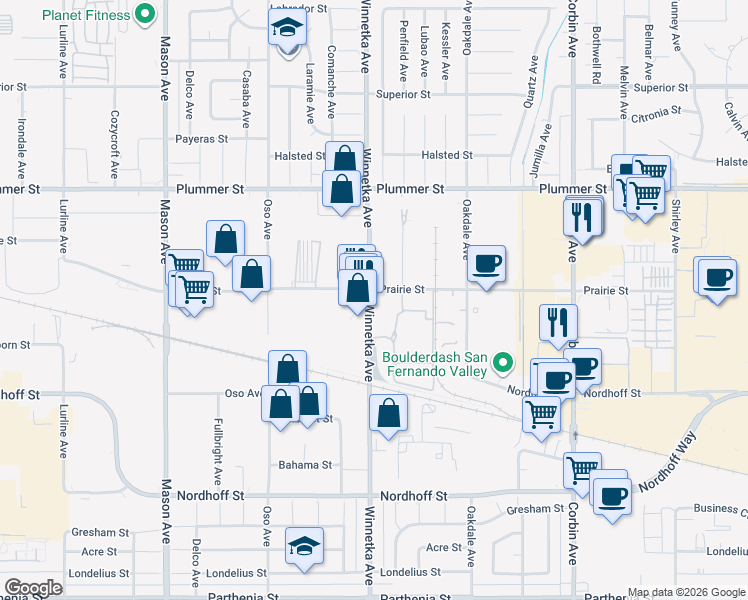 map of restaurants, bars, coffee shops, grocery stores, and more near 20045 Prairie Street in Los Angeles