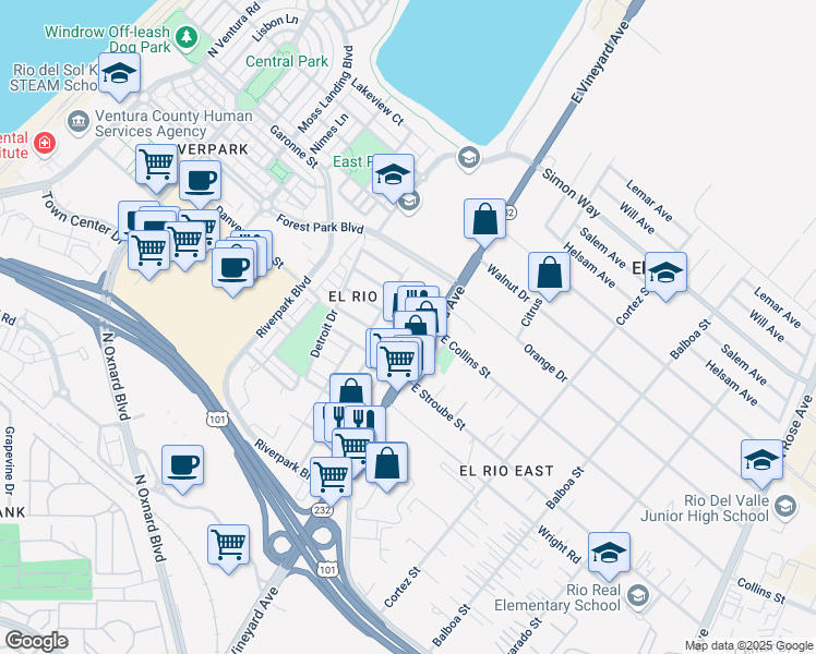 map of restaurants, bars, coffee shops, grocery stores, and more near 2849 East Vineyard Avenue in Oxnard