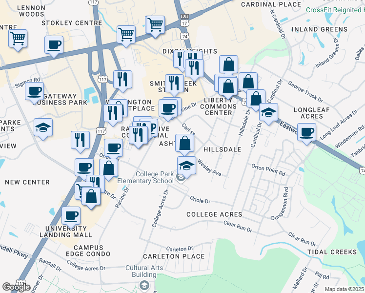 map of restaurants, bars, coffee shops, grocery stores, and more near 233 Racine Drive in Wilmington