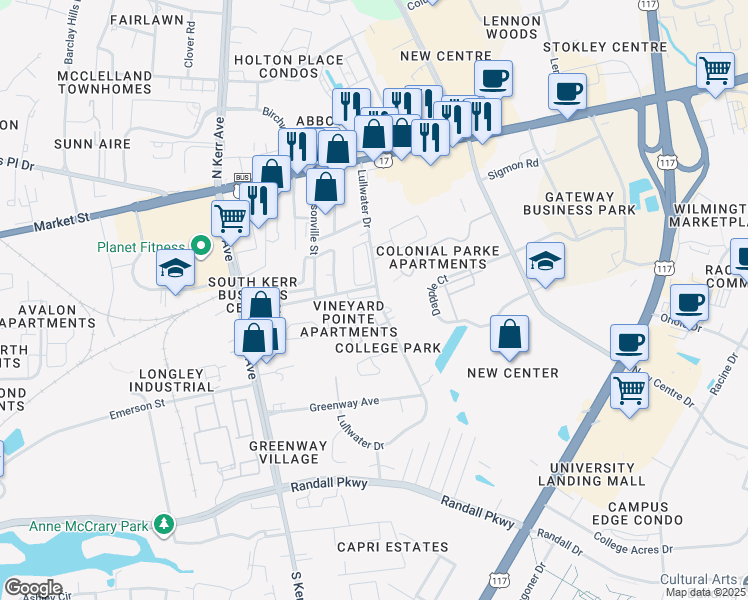 map of restaurants, bars, coffee shops, grocery stores, and more near 205 Lullwater Drive in Wilmington