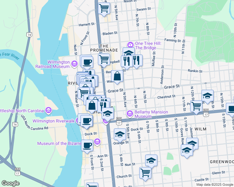 map of restaurants, bars, coffee shops, grocery stores, and more near 408 Grace Street in Wilmington