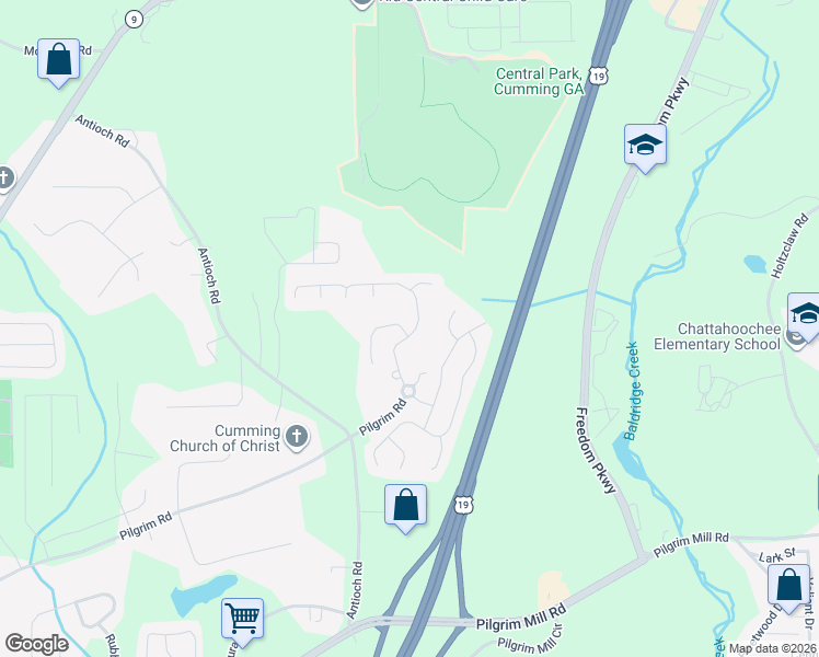 map of restaurants, bars, coffee shops, grocery stores, and more near 2945 Centerglen Lane in Cumming