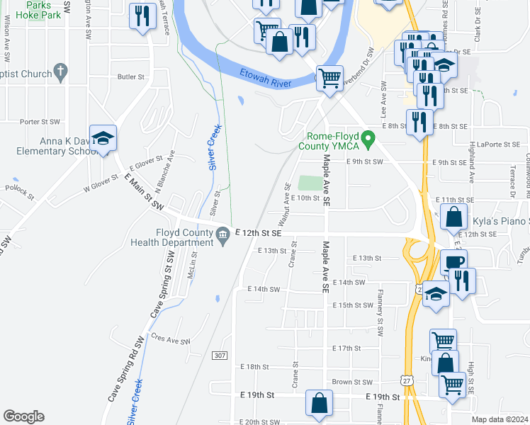 map of restaurants, bars, coffee shops, grocery stores, and more near 4 East 11th Street Southeast in Rome