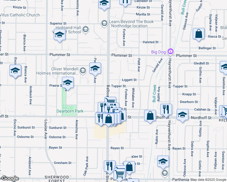 map of restaurants, bars, coffee shops, grocery stores, and more near 16951 Knapp Street in Los Angeles