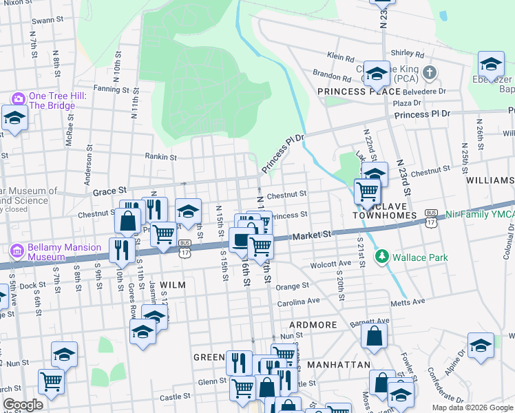 map of restaurants, bars, coffee shops, grocery stores, and more near 111 North 17th Street in Wilmington