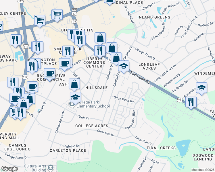map of restaurants, bars, coffee shops, grocery stores, and more near 117 Hillsdale Drive in Wilmington
