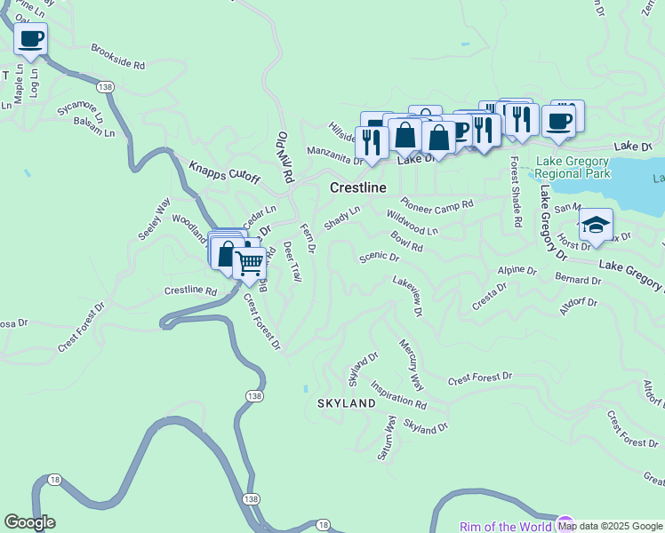 map of restaurants, bars, coffee shops, grocery stores, and more near 23685 Scenic Drive in Crestline
