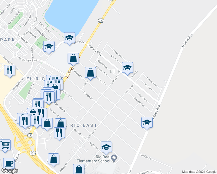 map of restaurants, bars, coffee shops, grocery stores, and more near Corsicana Drive in Oxnard