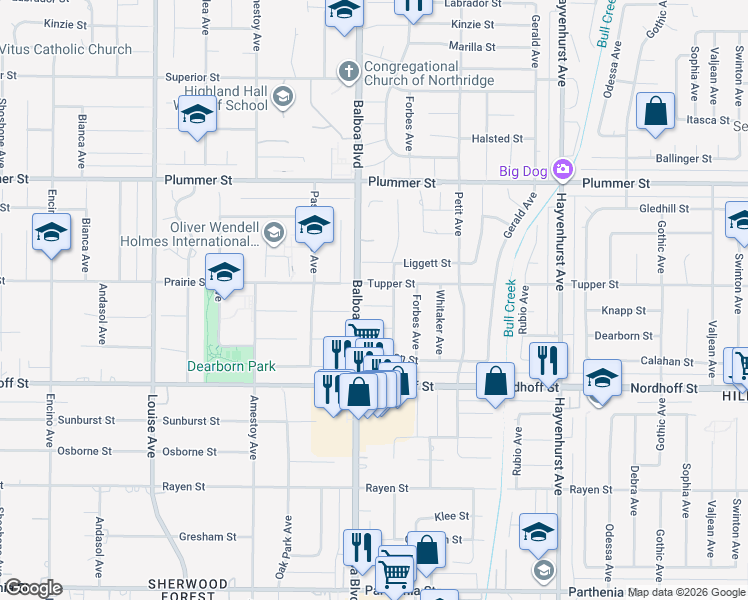 map of restaurants, bars, coffee shops, grocery stores, and more near 16951 Knapp Street in Los Angeles