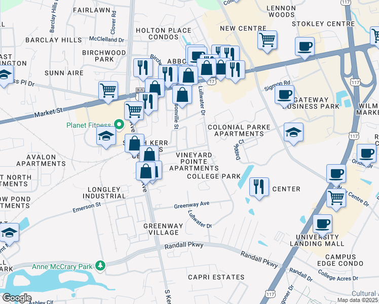 map of restaurants, bars, coffee shops, grocery stores, and more near 4902 Franklin Avenue in Wilmington