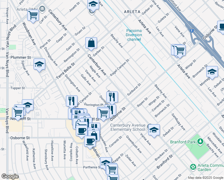 map of restaurants, bars, coffee shops, grocery stores, and more near 13859 Bonanza Street in Los Angeles