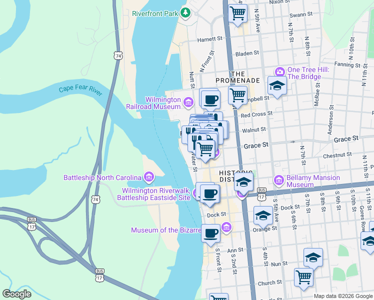 map of restaurants, bars, coffee shops, grocery stores, and more near 301 North Water Street in Wilmington