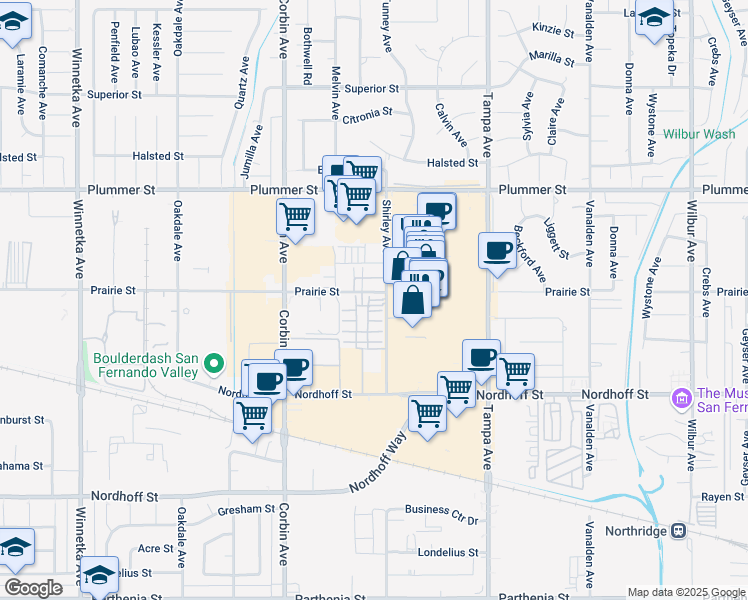 map of restaurants, bars, coffee shops, grocery stores, and more near 19505 Cardigan Drive in Los Angeles