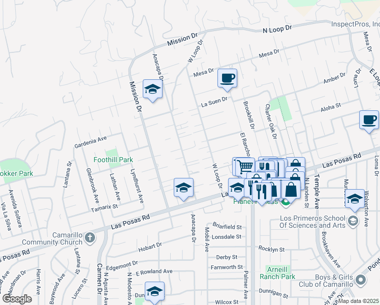 map of restaurants, bars, coffee shops, grocery stores, and more near 22 Wilden Drive in Camarillo