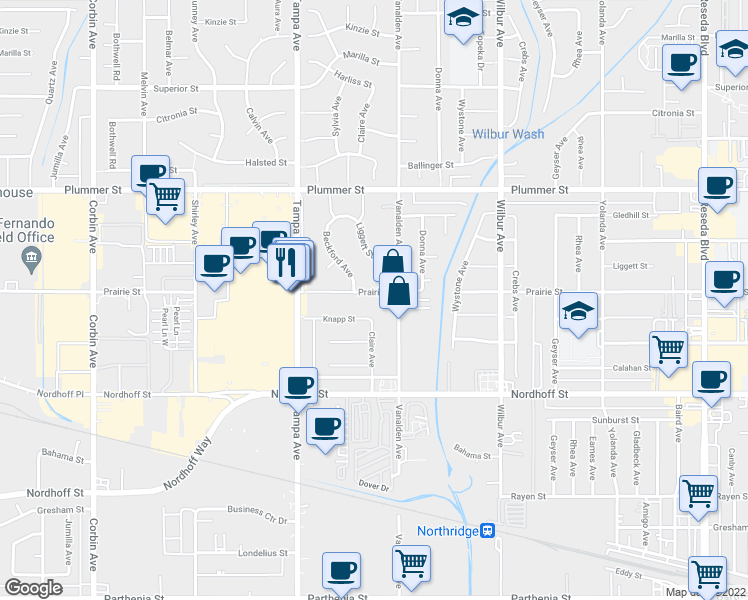 map of restaurants, bars, coffee shops, grocery stores, and more near 19128 Prairie Street in Los Angeles
