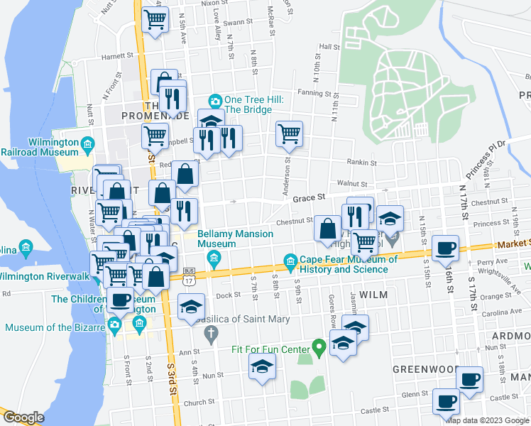 map of restaurants, bars, coffee shops, grocery stores, and more near 212 McRae Street in Wilmington