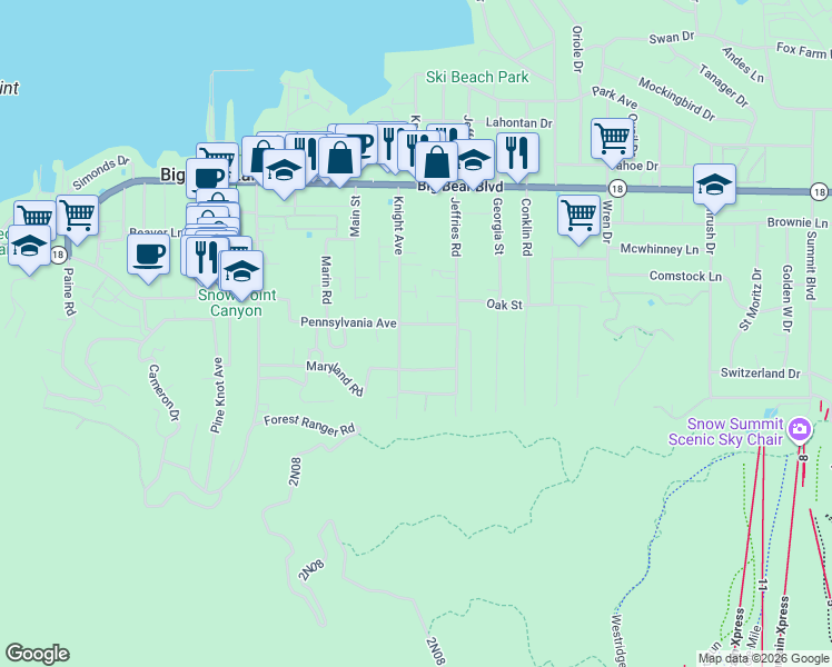 map of restaurants, bars, coffee shops, grocery stores, and more near 41191 Pennsylvania Avenue in Big Bear Lake