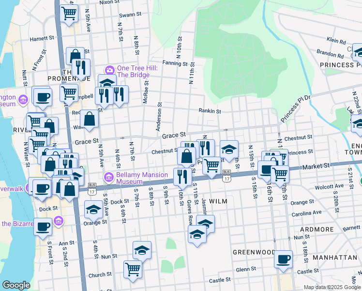 map of restaurants, bars, coffee shops, grocery stores, and more near 1003 Chestnut Street in Wilmington
