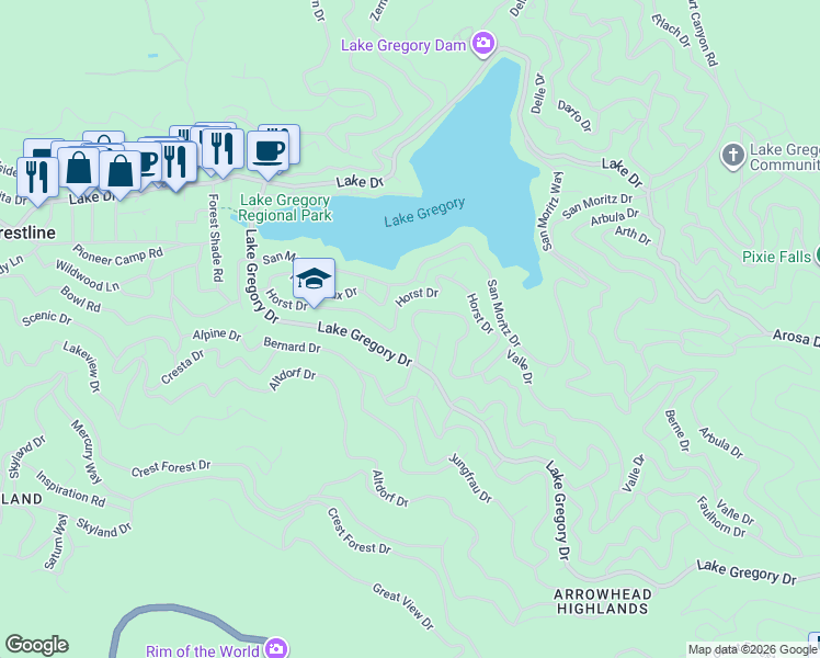 map of restaurants, bars, coffee shops, grocery stores, and more near 743 Bergschrund Drive in Crestline