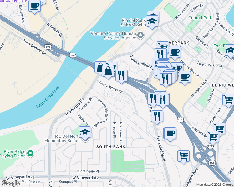 map of restaurants, bars, coffee shops, grocery stores, and more near 2731 Cactus Drive in Oxnard