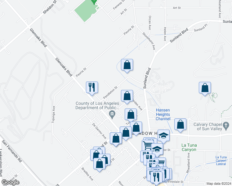 map of restaurants, bars, coffee shops, grocery stores, and more near 11050 Pendleton Street in Los Angeles