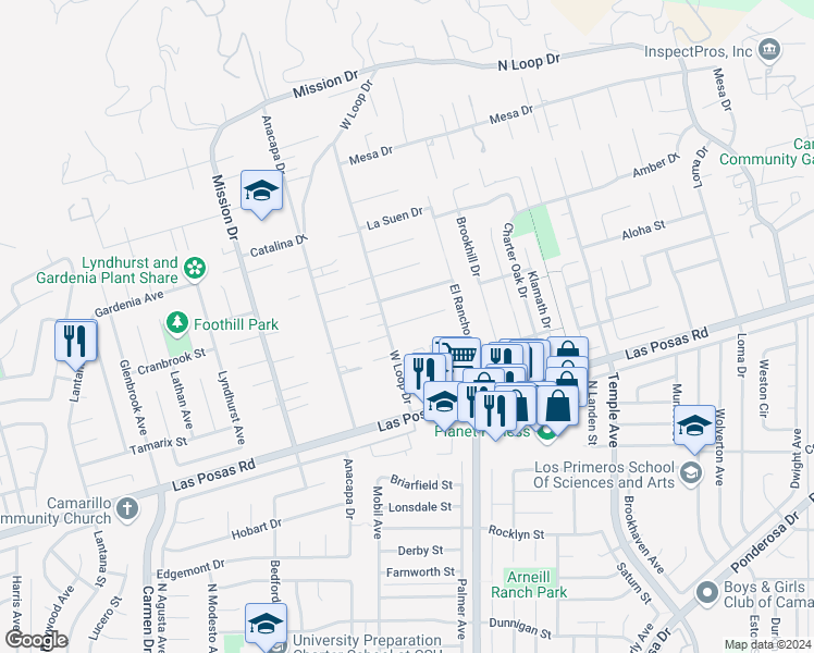map of restaurants, bars, coffee shops, grocery stores, and more near 23A Lemon Drive in Camarillo