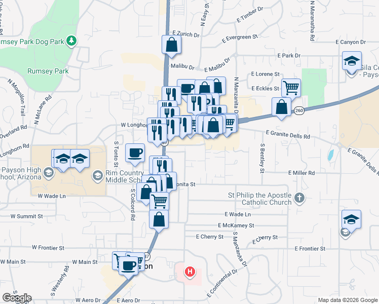 map of restaurants, bars, coffee shops, grocery stores, and more near 201 South Ponderosa Street in Payson