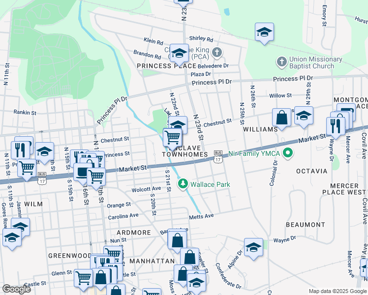 map of restaurants, bars, coffee shops, grocery stores, and more near 2121 Market Street in Wilmington