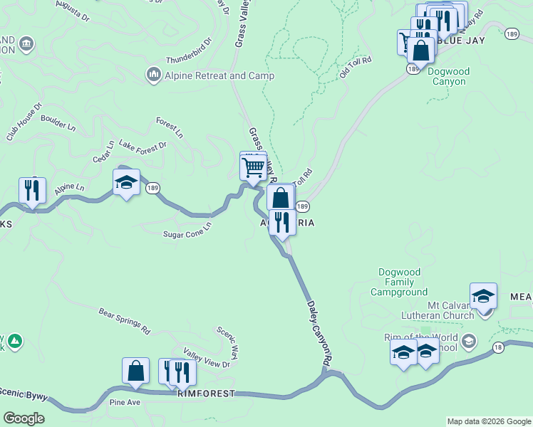 map of restaurants, bars, coffee shops, grocery stores, and more near 26770 California 189 in Lake Arrowhead