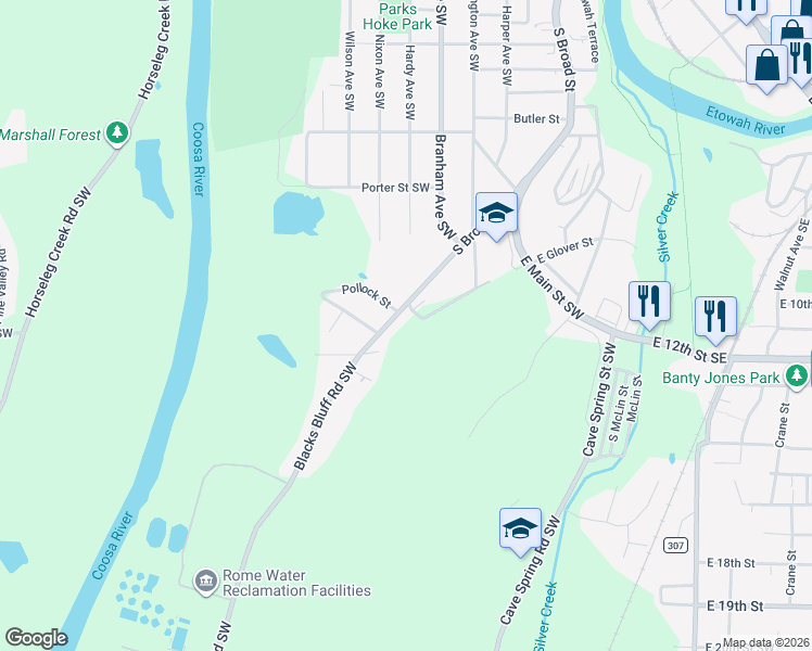 map of restaurants, bars, coffee shops, grocery stores, and more near 902 South Broad Street in Rome