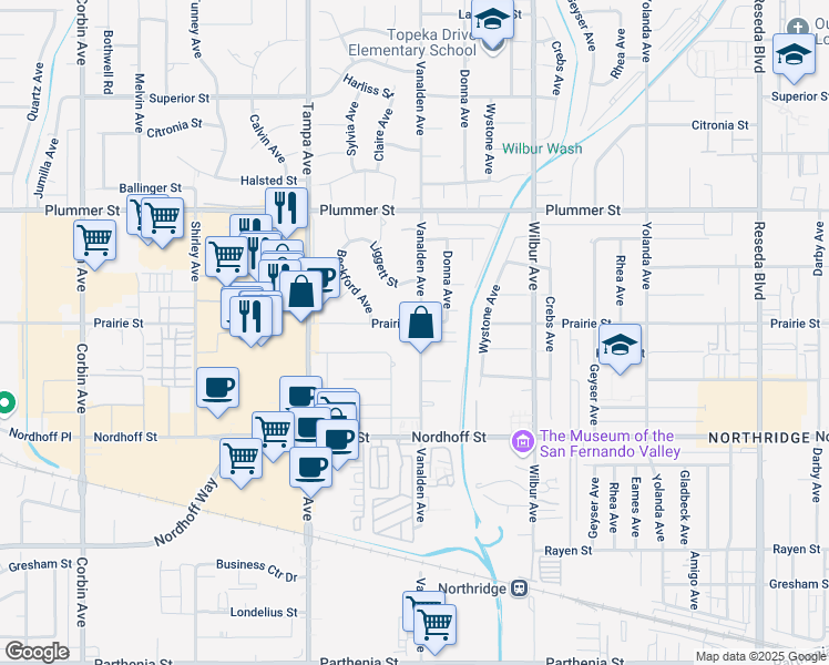 map of restaurants, bars, coffee shops, grocery stores, and more near 9251 Vanalden Avenue in Los Angeles