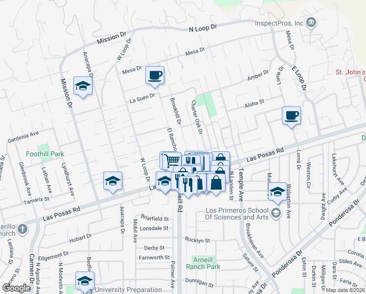 map of restaurants, bars, coffee shops, grocery stores, and more near 2089 Viking Drive in Camarillo