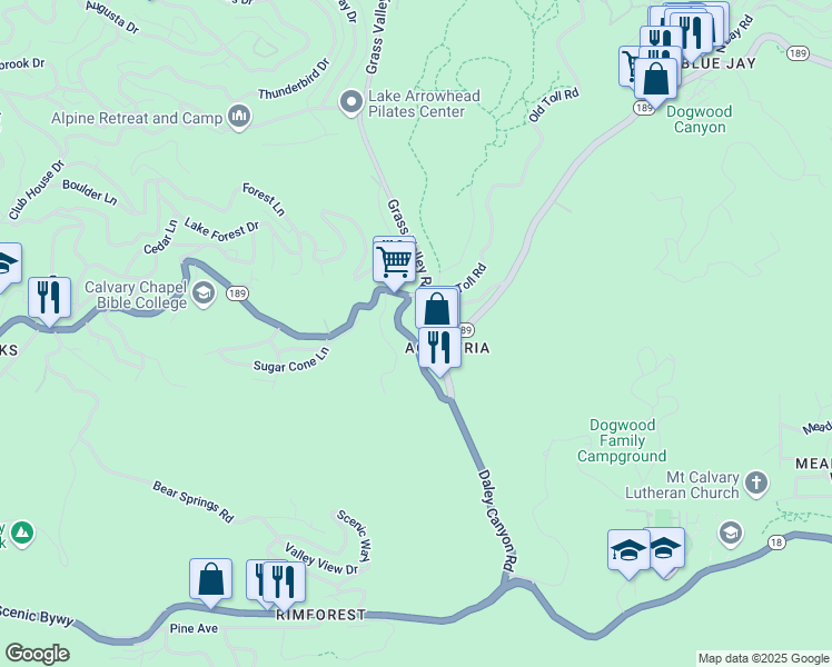 map of restaurants, bars, coffee shops, grocery stores, and more near 26770 California 189 in Lake Arrowhead